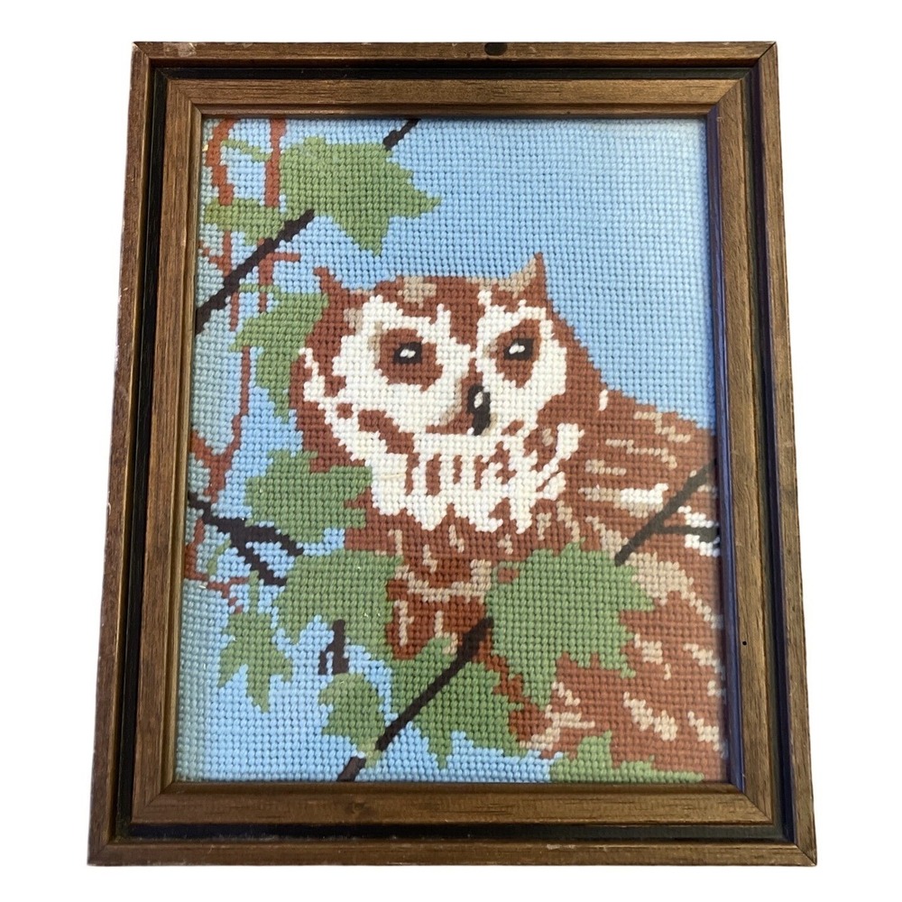 Vtg‎ Framed Owl Needlepoint Crewel Embroidery Decor 12"x 9.5" Cottage Core Bird